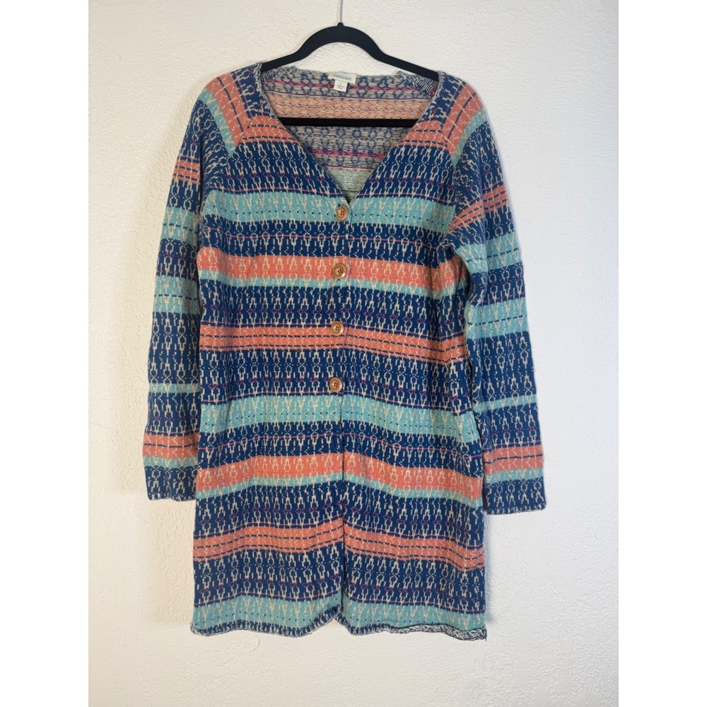 Sundance Women L Longline Cardigan Striped Fair Isle Knit Boho Cotton Wool Blend
